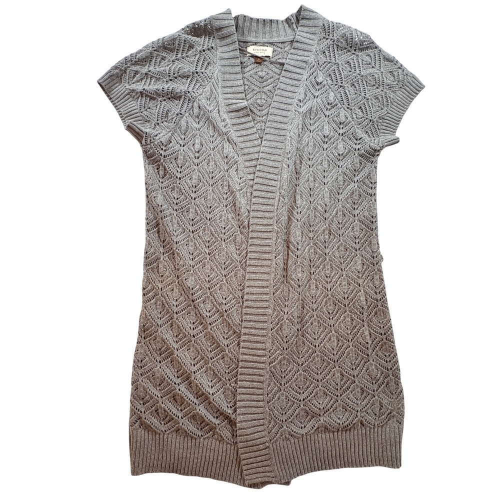 Sonoma Cardigan Sweater Women XL Gray Pointelle Open Front Longline Short Sleeve